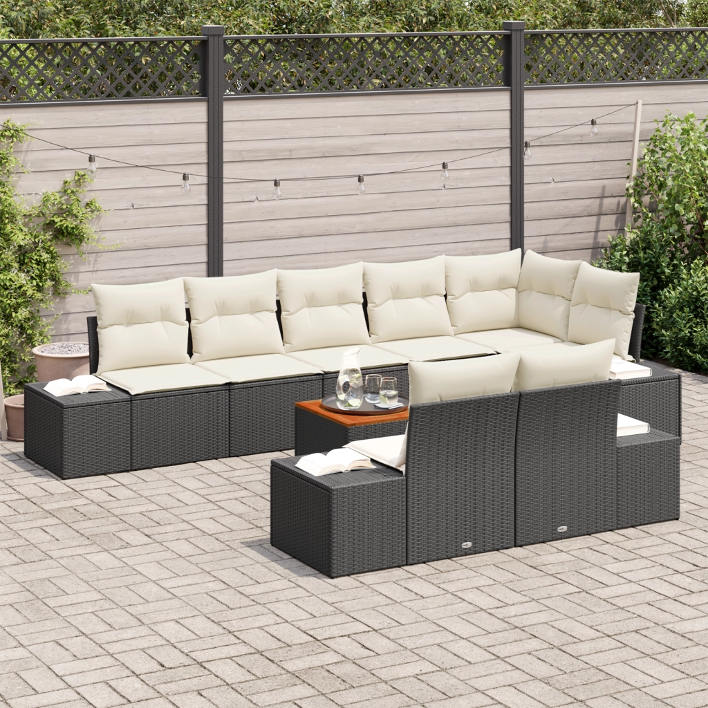 Set di divani da giardino da 9 pezzi con cuscini neri in polirattan e acacia