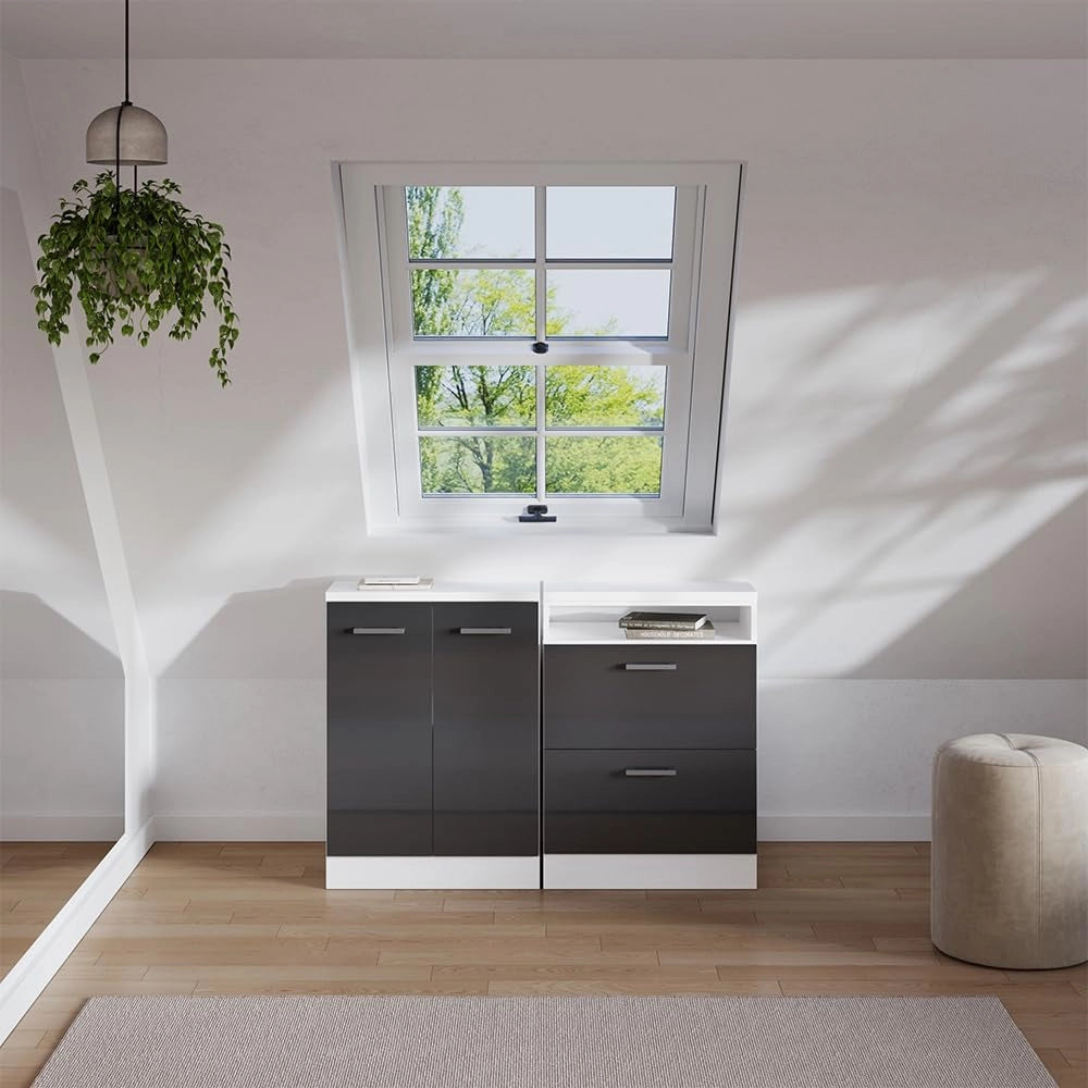 Set di mobili sottotetto Rion, Antracite lucido, 120 cm Set di 2 carcasse armadio profondità 60 cm, adatto per il salvaspazio sotto tetti spioventi