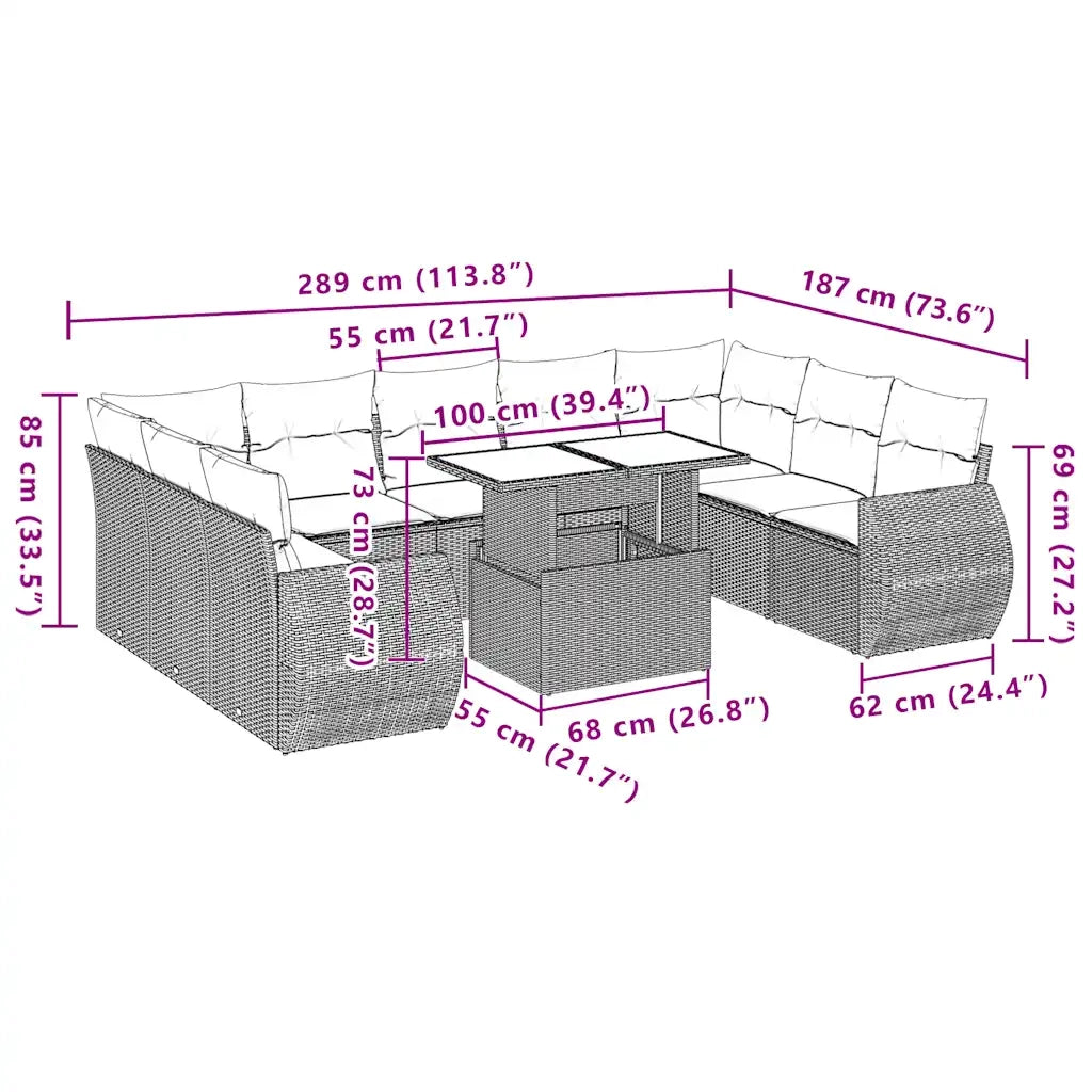 vidaXL Set Divano Giardino 10 pz con Cuscini Grigio Chiaro Polyrattan
