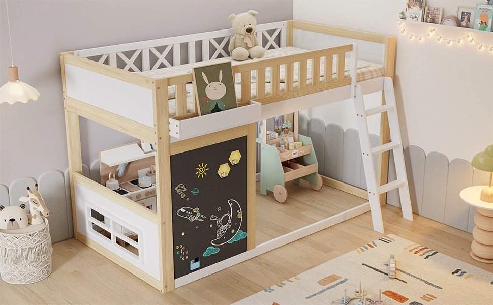 Letto a castello bianco e naturale in pino e MDF con lavagna scatola portaoggetti 90x200cm