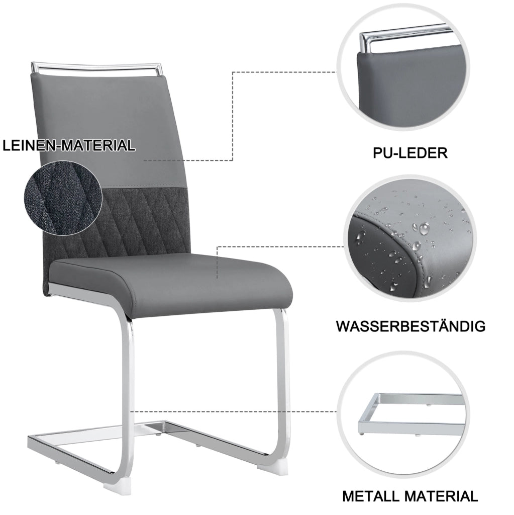 Sedia da pranzo moderna ergonomica con schienale in PU e lino; struttura in metallo grigio