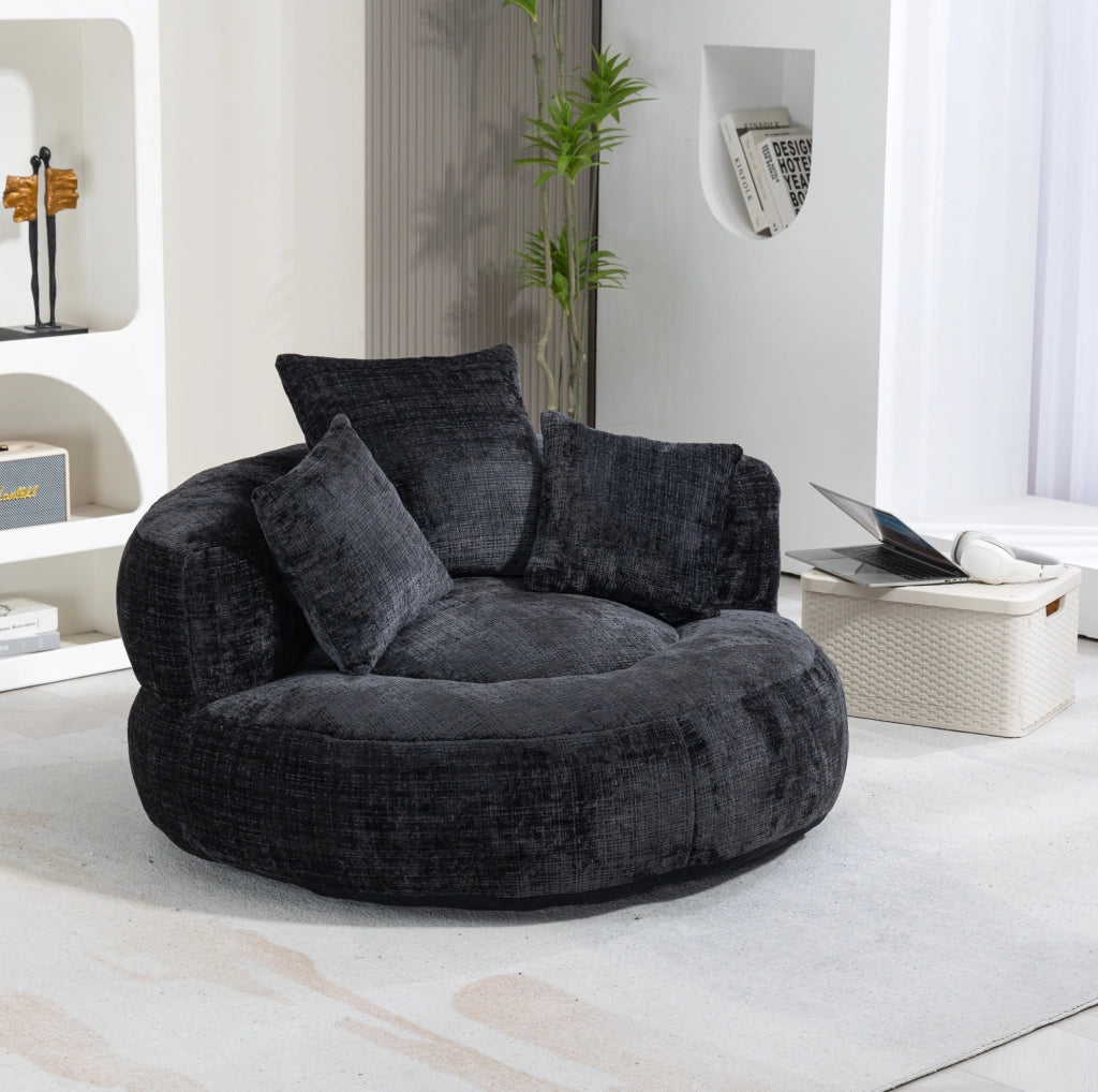 Poltrona sacco relax in ciniglia nera 108x108x52 cm con schienale alto e braccioli