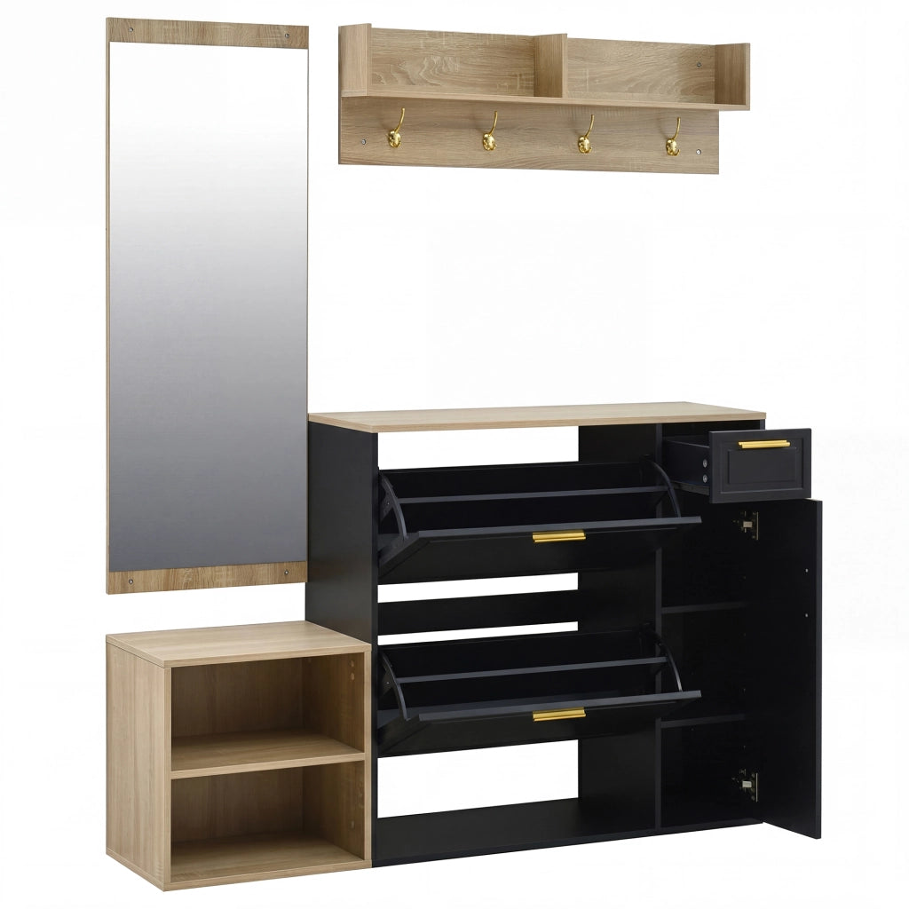 Set di mobili per l'ingresso composto da 4 pezzi, comprendente scarpiera, panca, appendiabiti da parete e specchio, nero e rovere