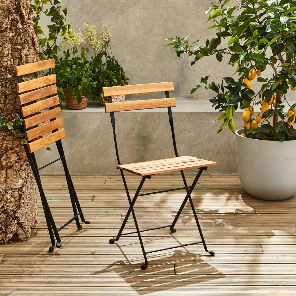 Set tavolo da giardino in legno e metallo con 2 sedie pieghevoli, nero