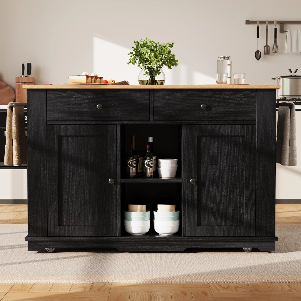 Carrello da Cucina con 2 Cassetti e 6 Vani; Piano Pieghevole e Prese; MDF Metallo; Nero Naturale; 151;5 x 59;7 x 91;7 cm