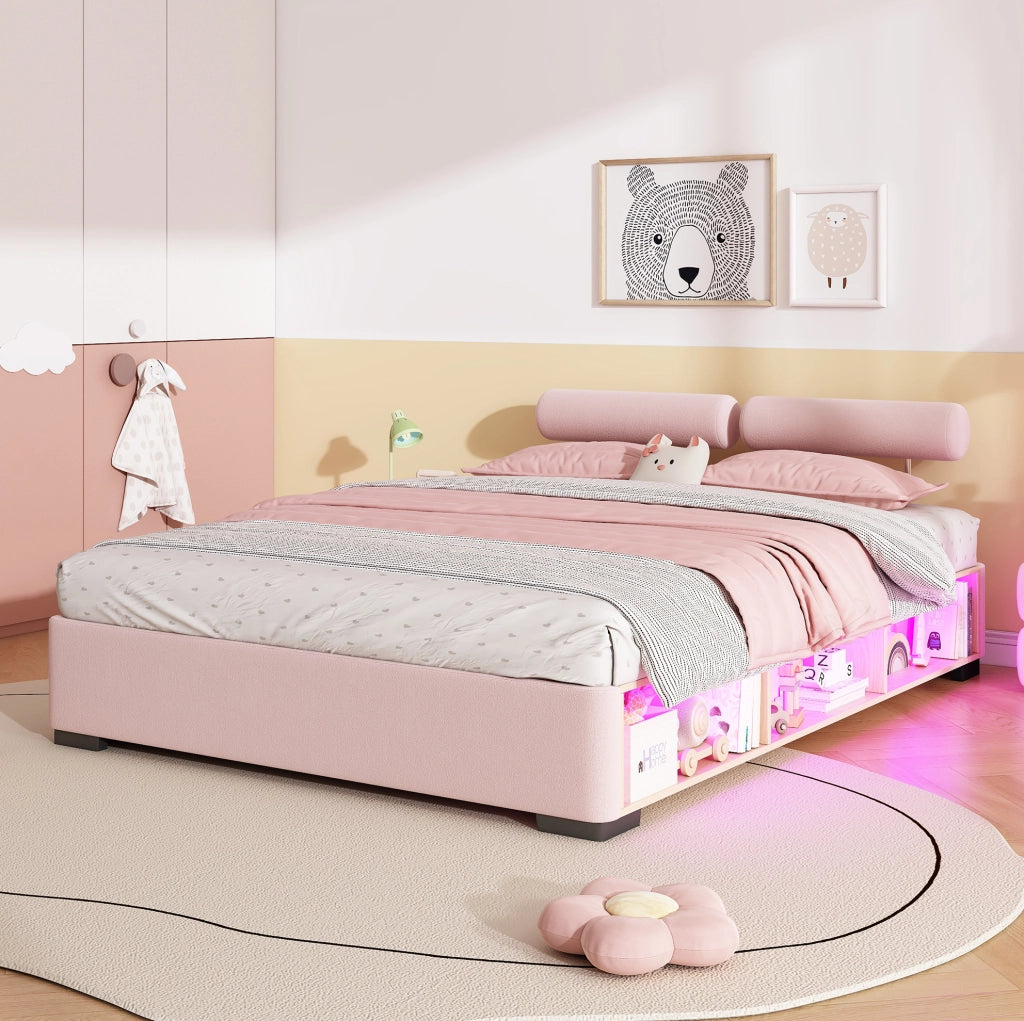 Letto imbottito per bambini rosa 140x200 cm con LED e ripiano