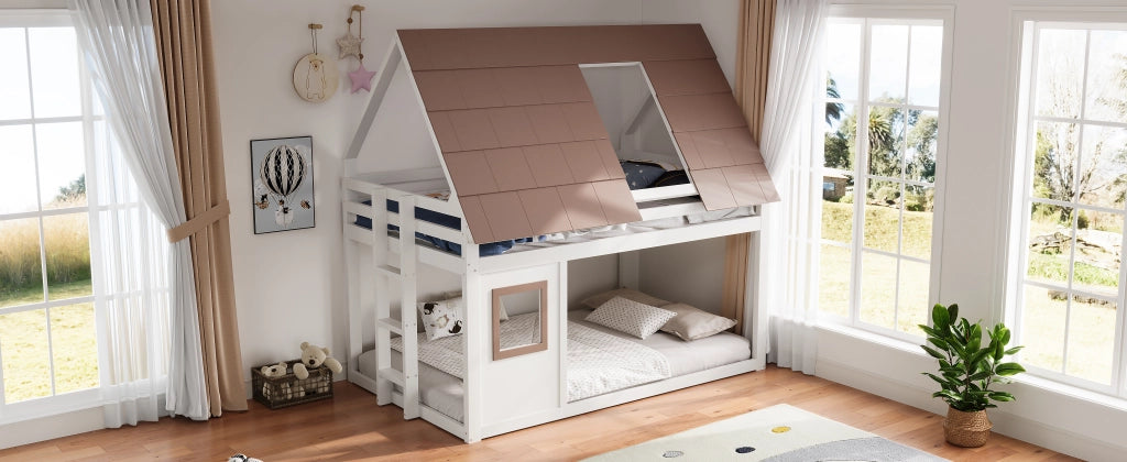 DESMIU Letto a castello 140 × 200 cm 2 posti con tetto, scala e sponda, senza materasso, bianco e marrone