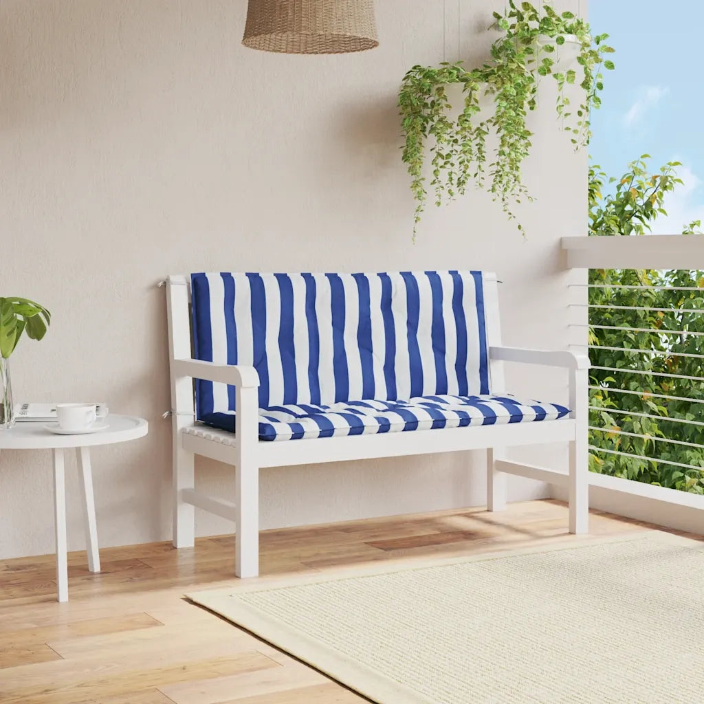 Cuscini Panca Giardino 2 pz-Set di 2 Cuscini per panchina da esterno Righe Bianche Blu 120x50x7cm Tessuto