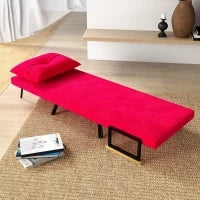 Poltrona Letto 3 in 1 con Schienale Reclinabile e Cuscino, in Tessuto Effetto Velluto, 63x73x81 cm, Rosso