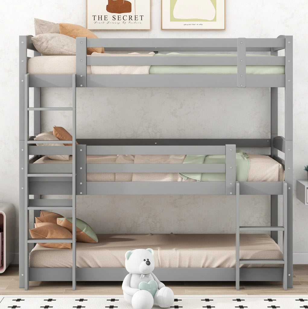 Letto a castello triplo in legno 90x200 cm grigio, soluzione salvaspazio