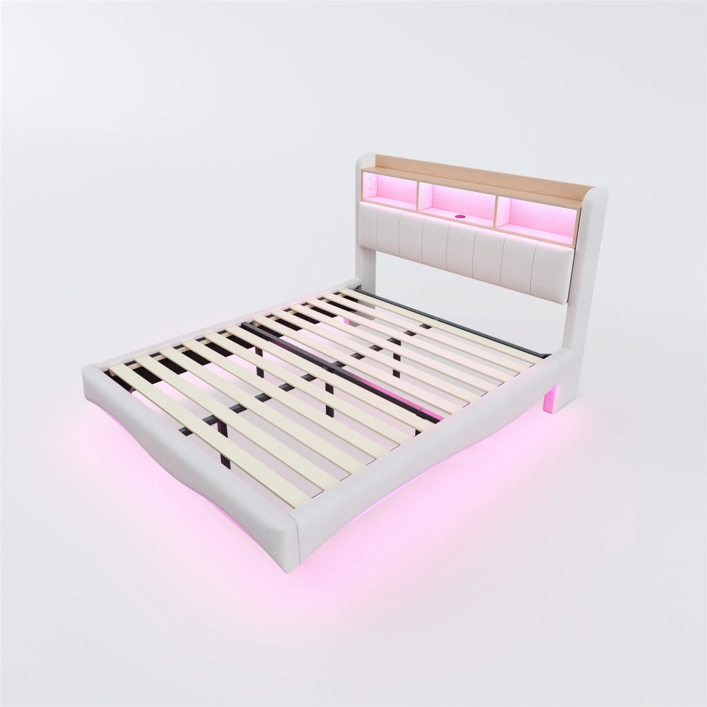 OKWISH Letto Contenitore 160×200 cm, Letto Matrimoniale con LED Regolabile, USB, Tipo C e Vano Testiera, senza Materasso, Beige