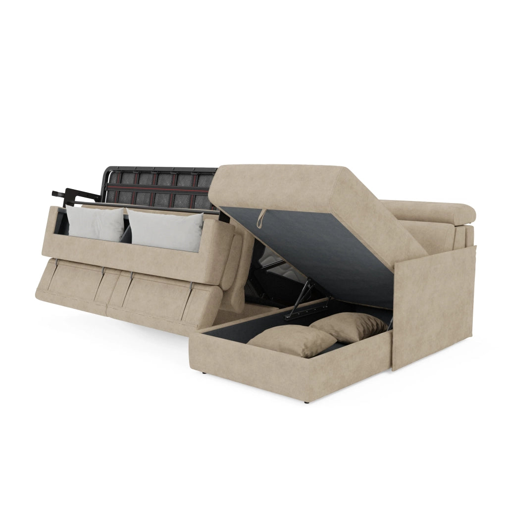Miryam divano letto angolare compatto - poggiatesta reclinabili e penisola contenitore in tessuto smacchiabile T31 252 cm destro beige
