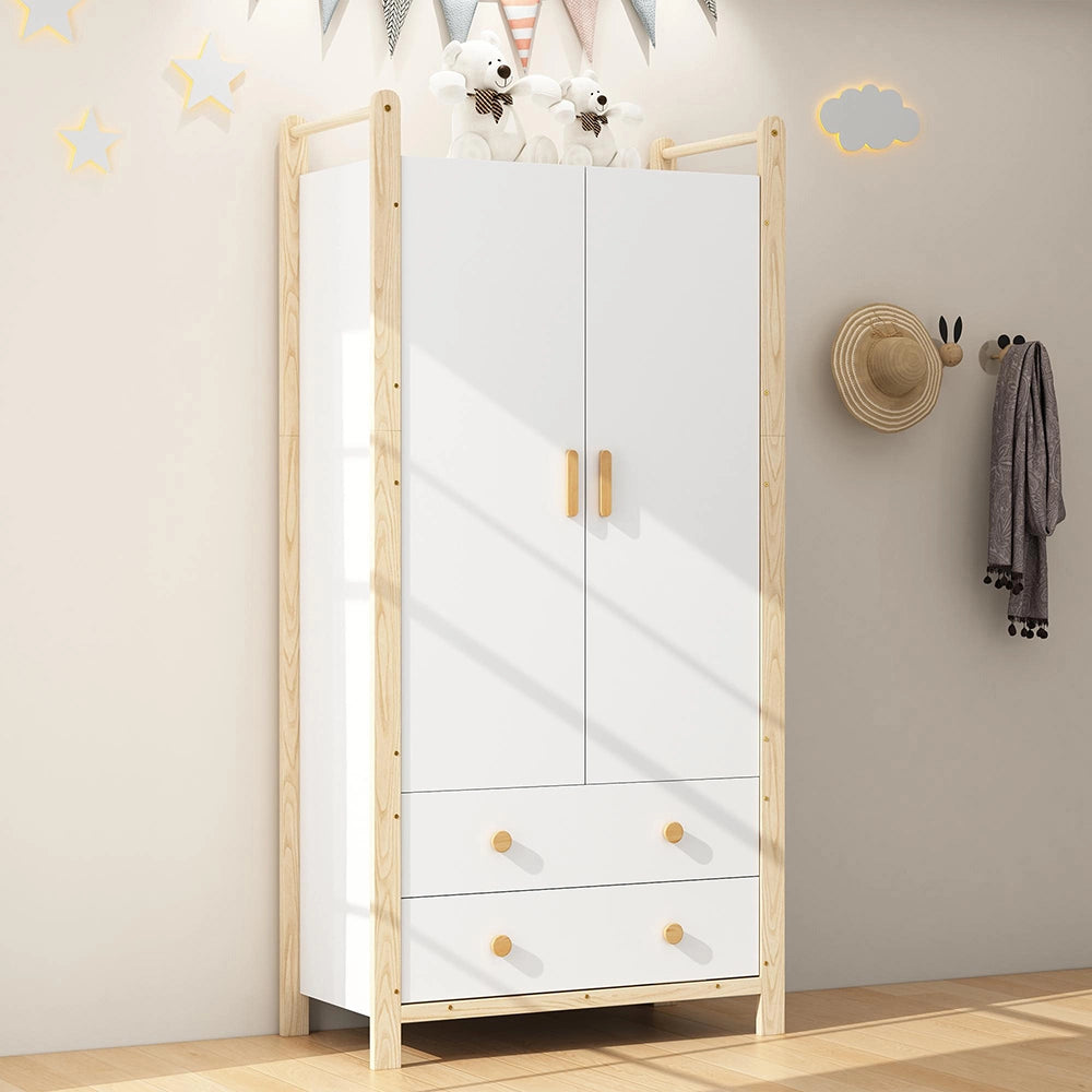 Armadio 2 ante 90x45x180 cm - Xylo - con appendiabiti, 2 cassetti, bianco e telaio pino, per camera