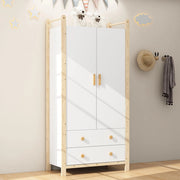 Armadio 2 ante 90x45x180 cm - Xylo - con appendiabiti, 2 cassetti, bianco e telaio pino, per camera
