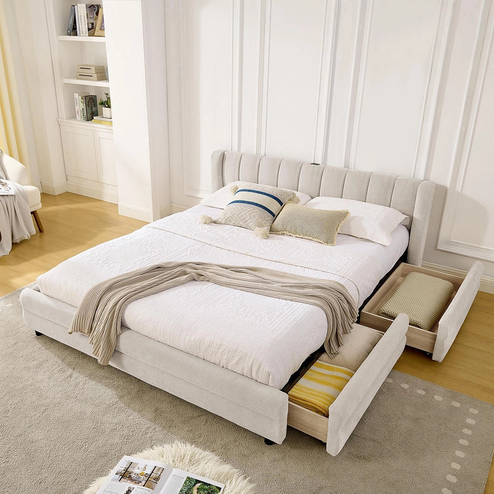 Letto matrimoniale con vani laterali - Xylo - 160x200 cm - Beige - USB, tessuto morbido