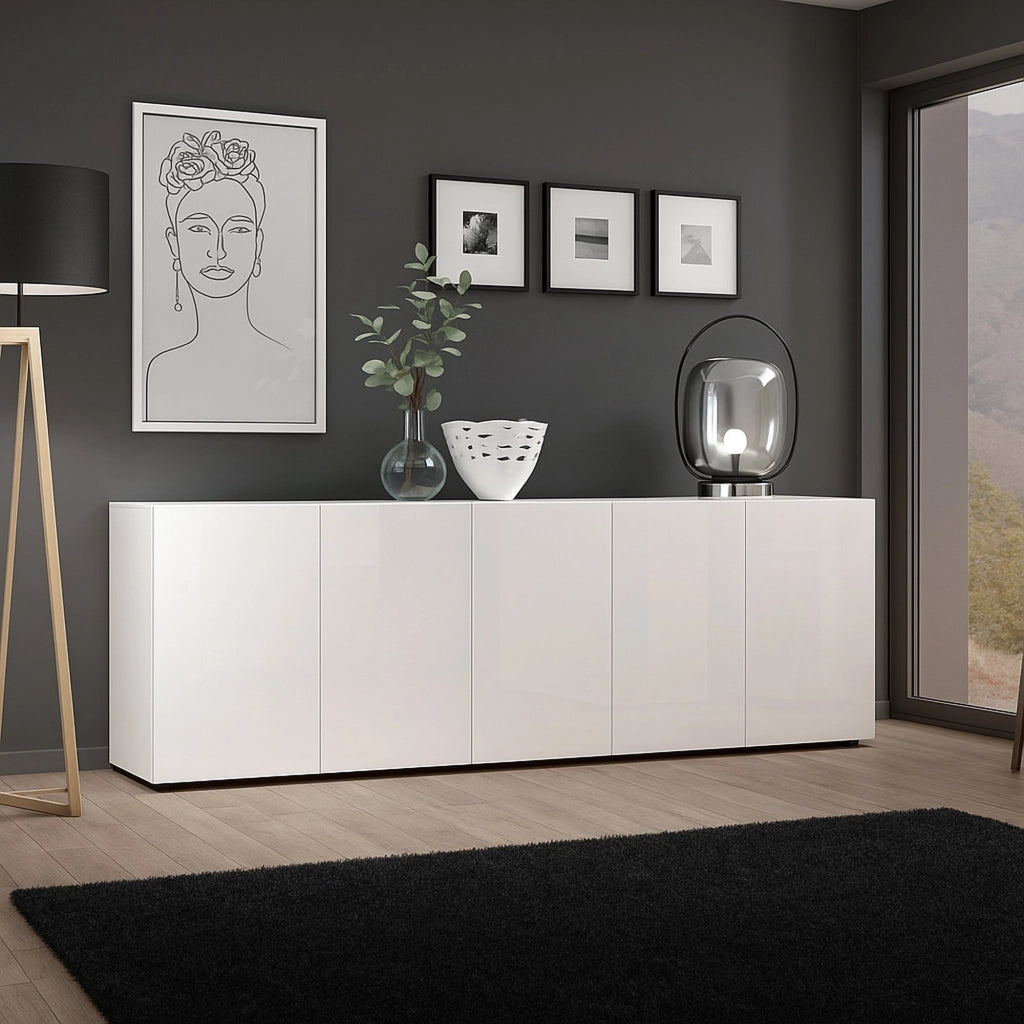 Credenza Macaria, Buffet da soggiorno, Madia da salotto, Dispensa da cucina, Made in Italy, 225x38h79 cm, Bianco lucido