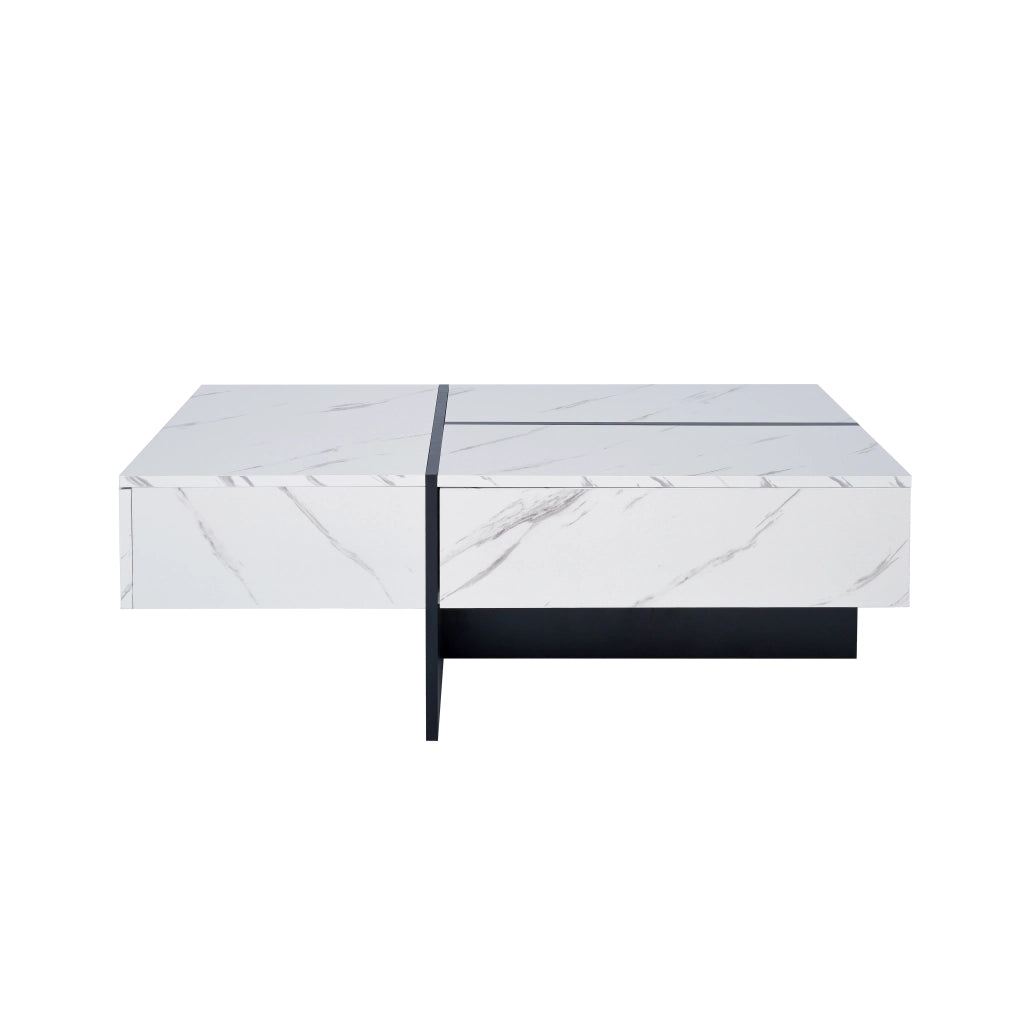 Tavolino da salotto 100x50x34.5 cm; effetto marmo lucido con LED controllato da app; pannello truciolare bianco