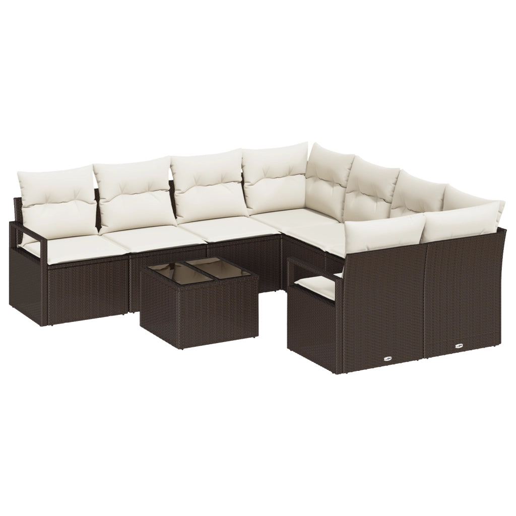 Set divano da giardino 9 pezzi con cuscini marrone in polirattan