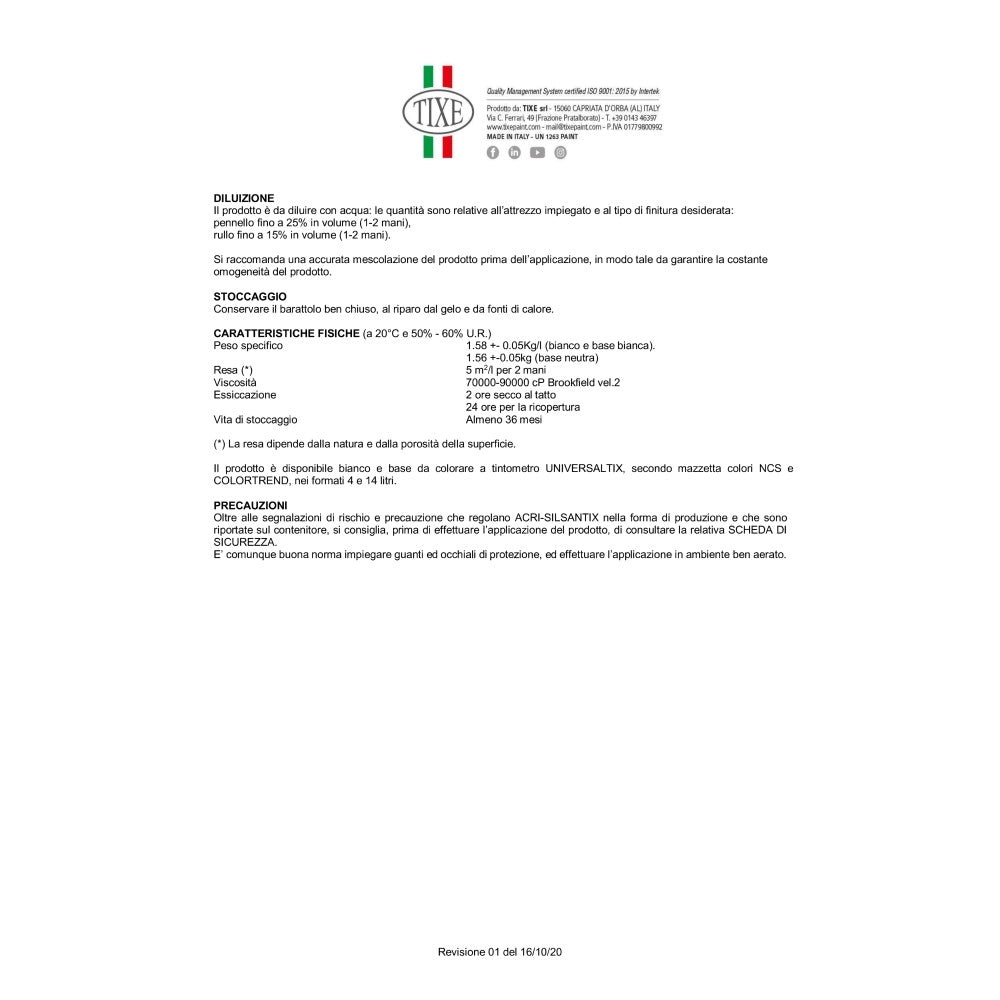 Tixe acri-silsan tix 14lt idro pittura al quarzo acril silossanico bianca opaca grana fine alta copertura
