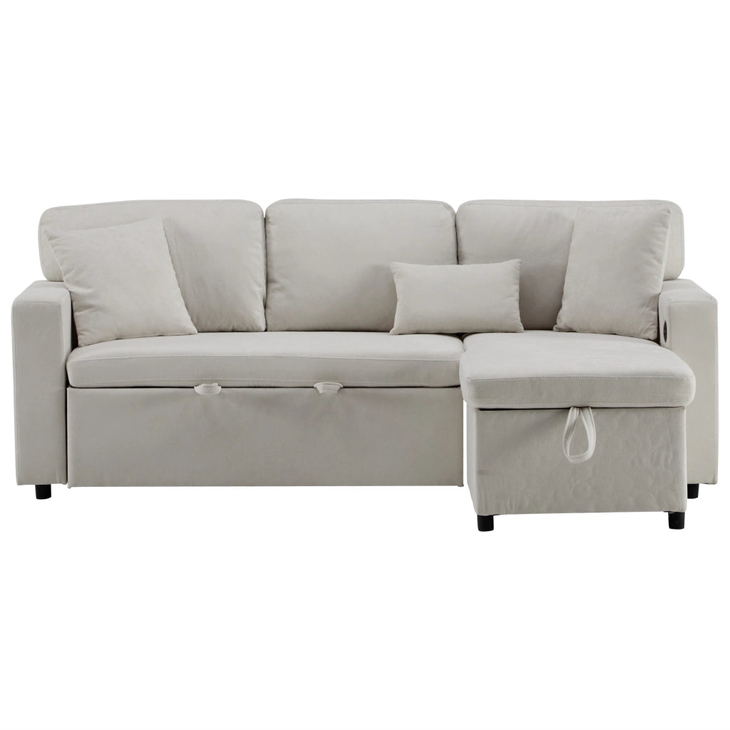 Divano angolare letto estraibile - Zephmum- Forma L cassetto scaffale integrato beige