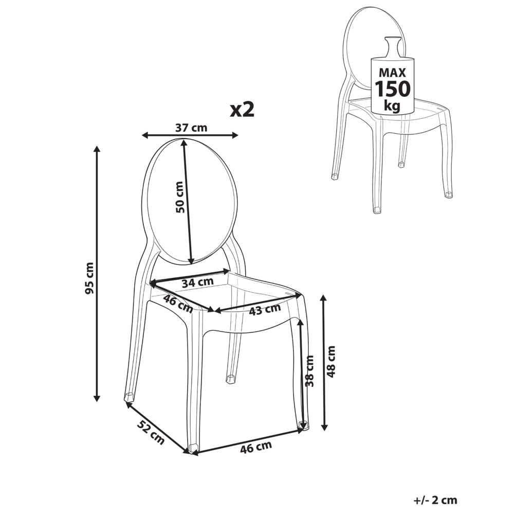 Set di 2 sedie da pranzo per cucina con schienale ovale in materiale sintetico trasparente senza braccioli finitura lucida