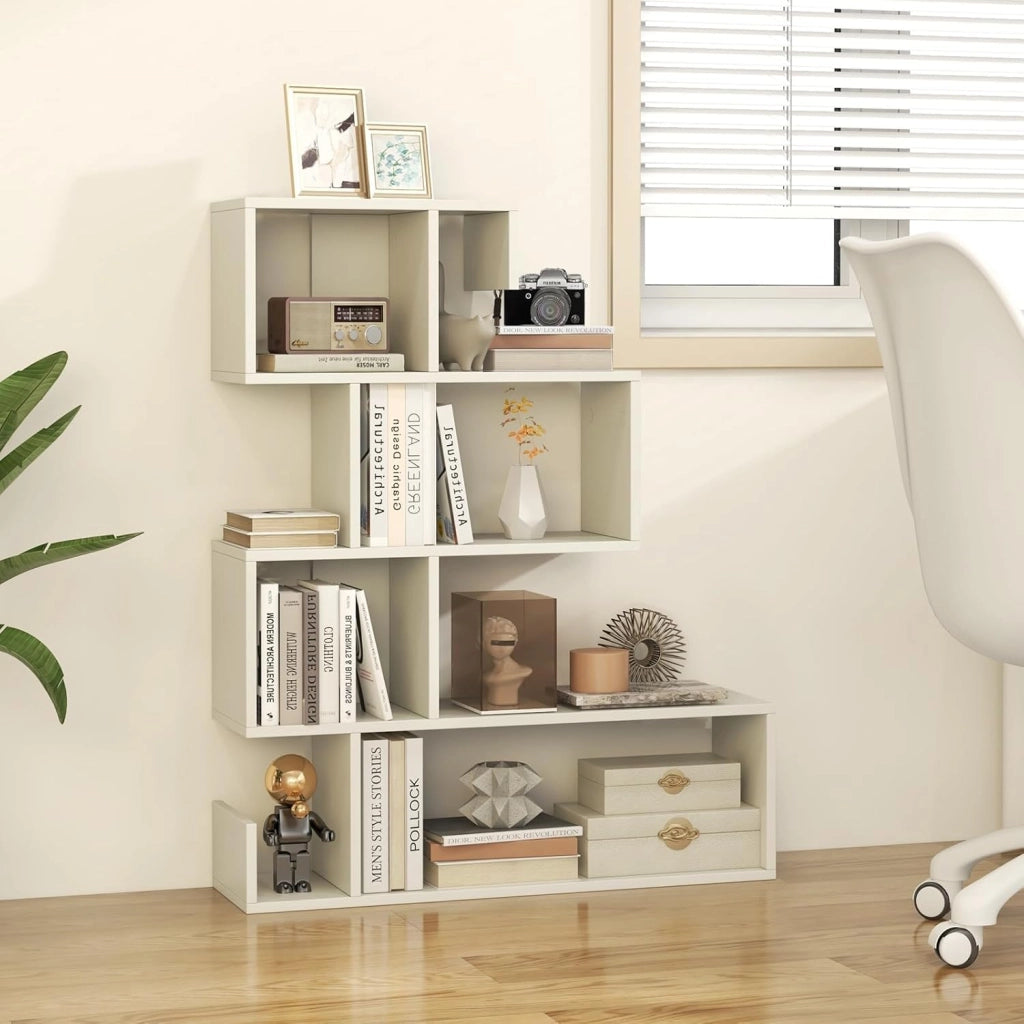 Libreria a Forma di Mossa con 5 Livelli, Scaffale Aperta a Forma di S in Legno, Libreria Divisoria con Protezione Anti-Ribaltamento per Soggiorno, Studio, 80 x 22 x 100 cm (Bianco)