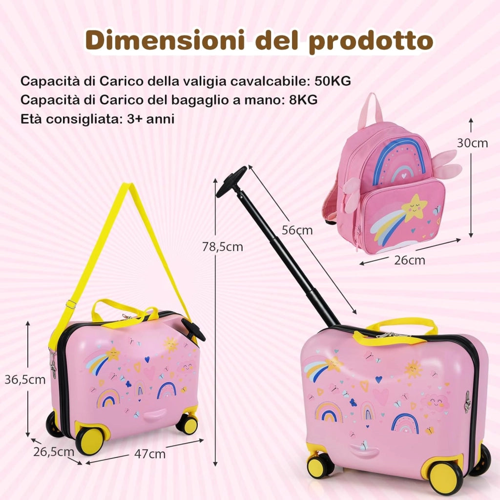 Valigia Cavalcabile per Bambini, 18" Valigia+ 12" Zaino,2 Pezzi, Trolley Bambini Bagaglio a Mano con Ruote Girevoli e Maniglia Retrattile, 2 Cingie Multiuso (Modello 10)