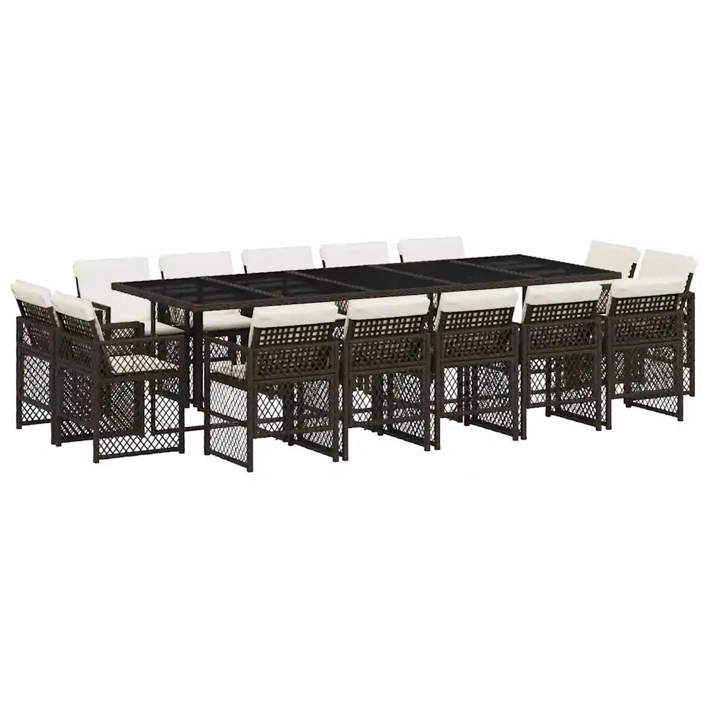 Set da Pranzo da Giardino 15 pz con Cuscini Marrone Polyrattan