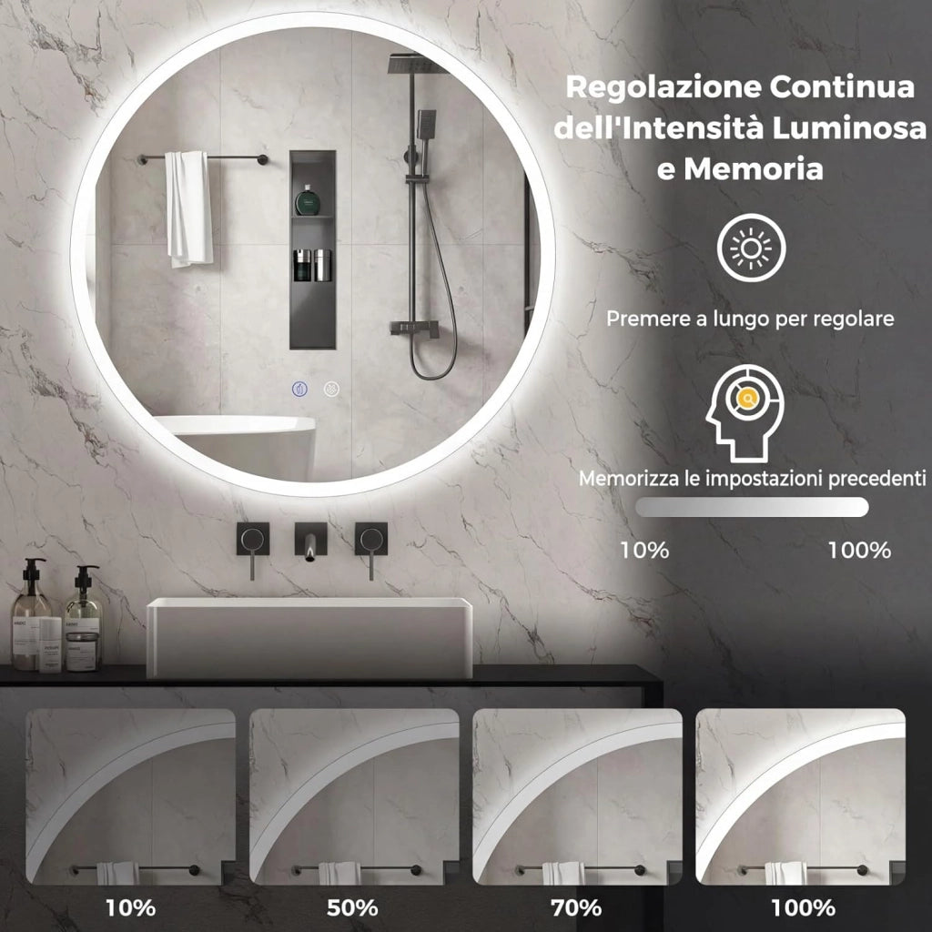 Specchio Rotondo con Luce 60 cm, Specchio Retroilluminato Bagno con 3 Colori Luce, Antideflagrante, Antiappannamento, Luminosità Regolabile, IP44, Memoria e Vetro Temperato HD (60 x 60 cm)