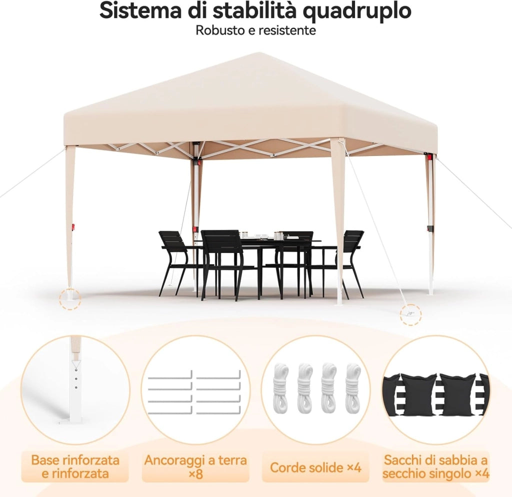 Gazebo 3x3 Pieghevole Impermeabile UPF50+, 3 Altezze Regolabili, Gazebo da Giardino Tende per 8-10 Persone, Gazebo Pieghevole con Borsa da Trasporto, per Giardini, Mercati, Feste, Beige