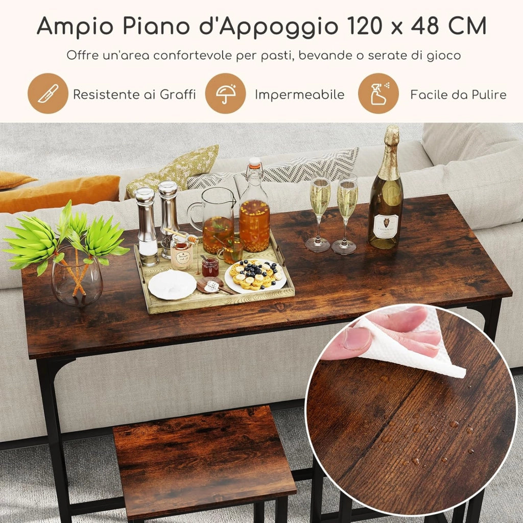 Tavolo con 2 Sgabelli in Metallo e Legno, Set da Pranzo 3 Pezzi, Tavolo Rettangolare da Cucina con 2 Sedie per Sala da Pranzo, Appartamento e Bistro, Stile Retrò (Marrone)