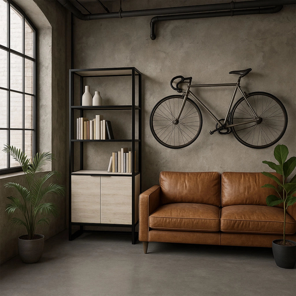 Edo - Scaffale Libreria a Muro 76x162,5x33,5 cm 3 Ripiani con Mobiletto 2 Ante in Legno Bleach Struttura in Metallo Nero