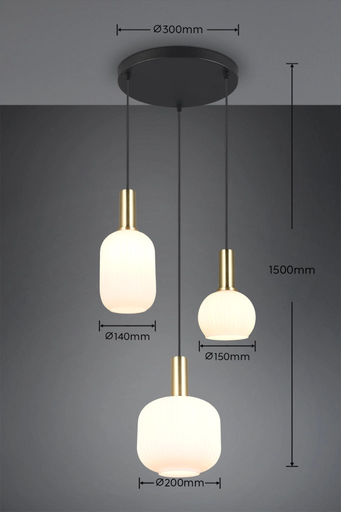 Lampadario tondo nero-ottone 3xE27 vetro bianco Diva Trio