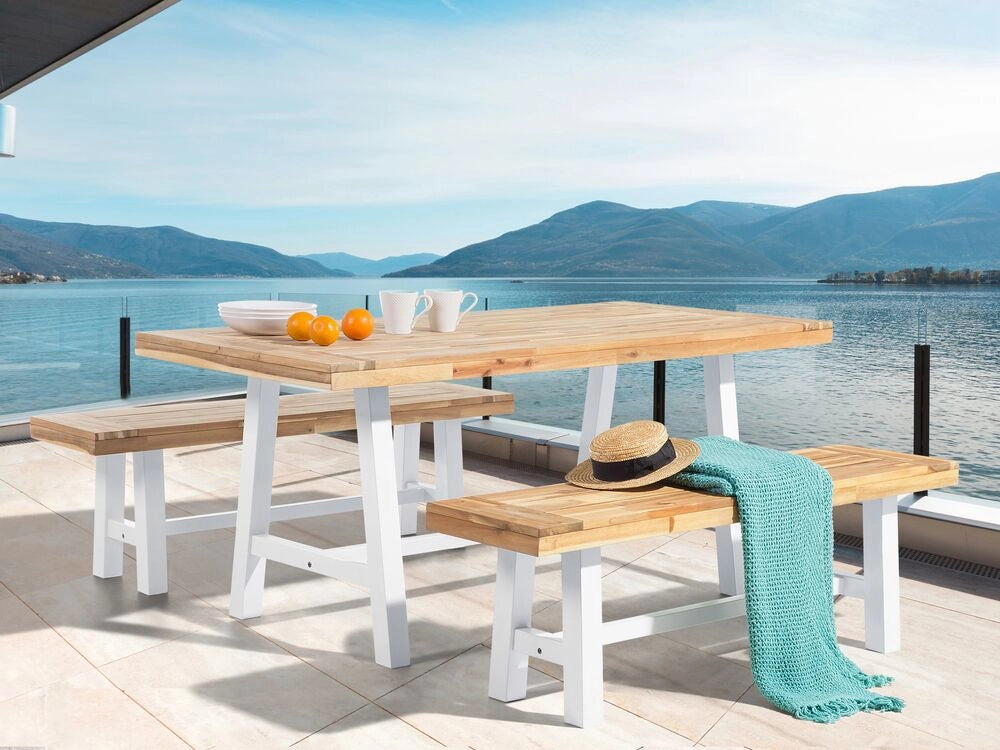 Tavolo da pranzo da giardino chiaro piano in legno gambe bianche 170 x 80 cm rustico giardino di campagna per esterni interni