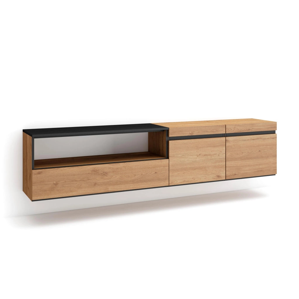 Mobile TV, 200x35x45cm, soggiorno, Per TV fino a 80", da appendere, colore Rovere e nero RF2144