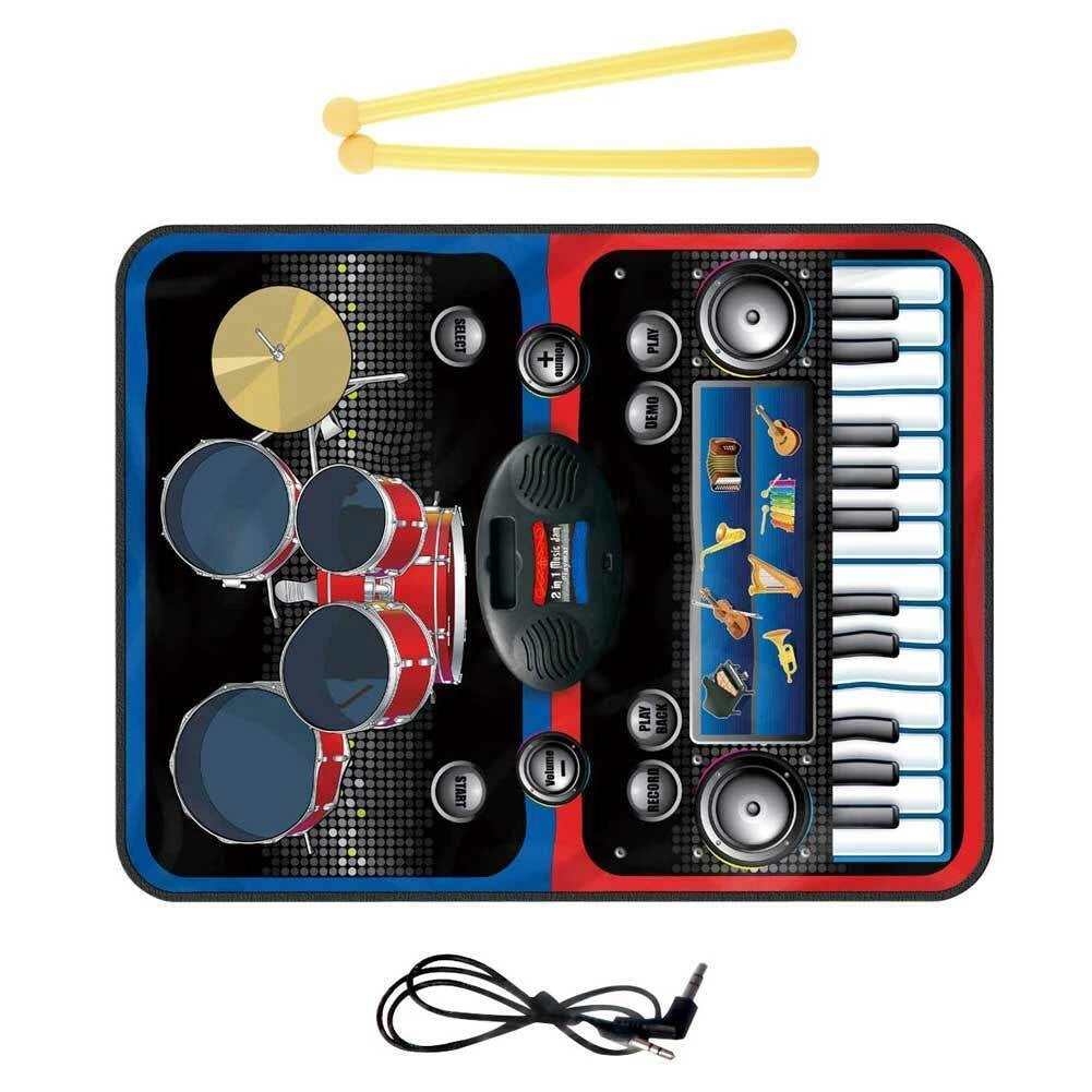 Tappeto Musicale 2in1 Batteria Tastiera Con Bacchette Playmat Bambini 60x90cm