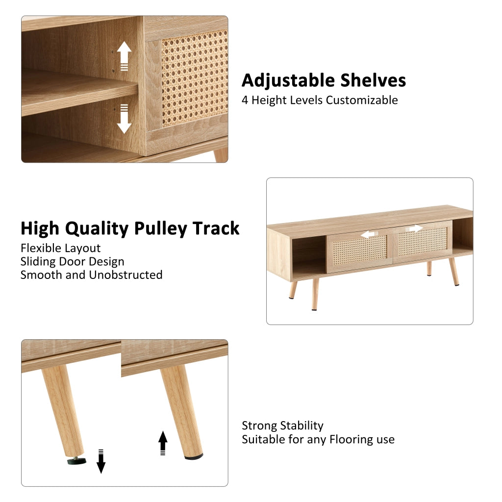 Mobile porta TV in rattan con 2 ante scorrevoli e 3 ripiani, per soggiorno, in MDF, naturale, 140 × 40 × 45 cm