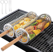 Set di griglianti in acciaio inossidabile con maniglia di legno, rotanti, per grigliare verdure - accessori BBQ - set da 2 pezzi - per appassionati di griglia - grigliante cilindrico - grigliante rotante