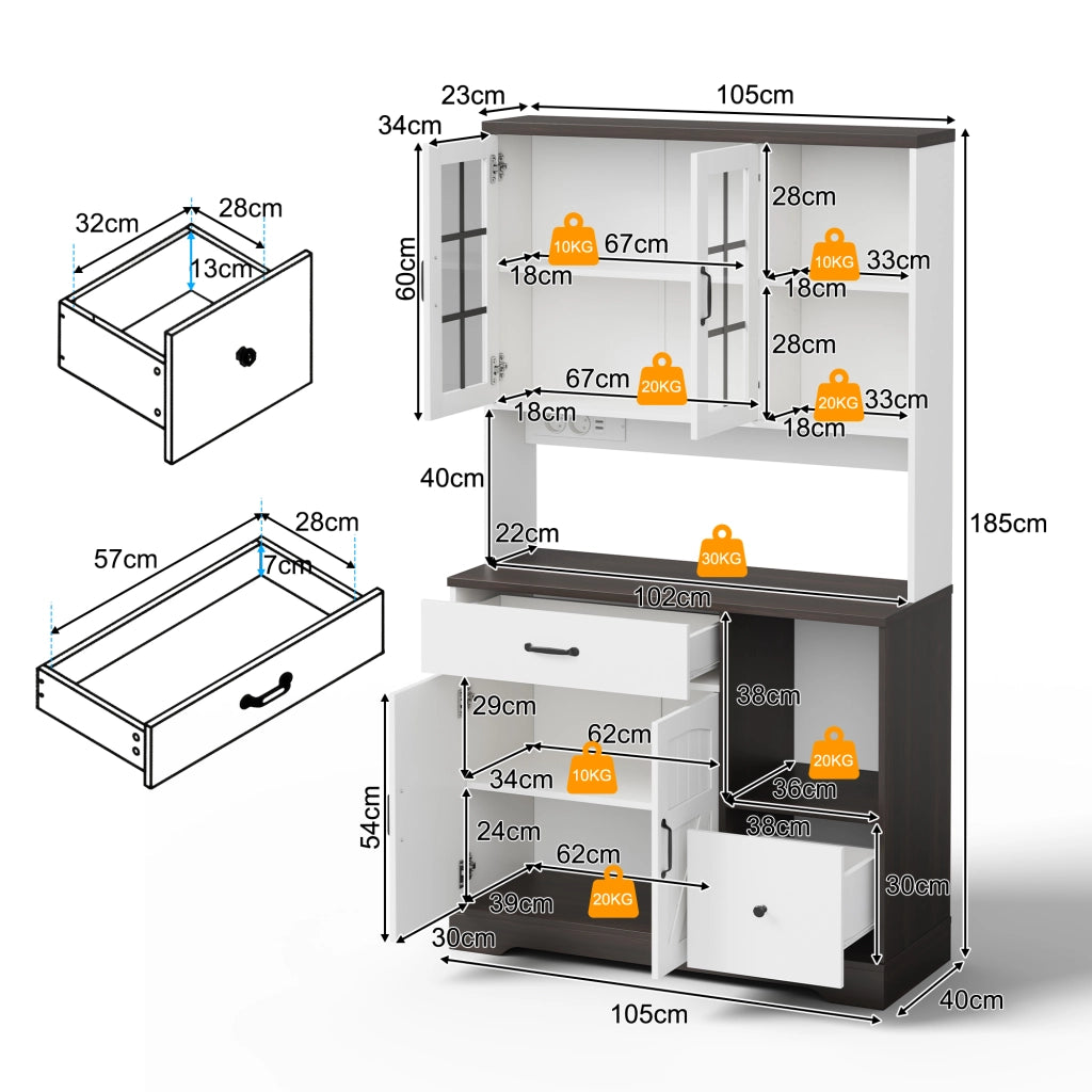 Credenza alta da cucina con LED, prese e ripiani regolabili, ante in vetro per cucina e soggiorno 105 × 40 × 185 cm