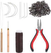 Set di estensione capelli 200 pezzi - Filo di silicone bruno - Clip capelli con 3 fori - Accessori da cucito - Manico di legno - Inclusi ago e clip capelli