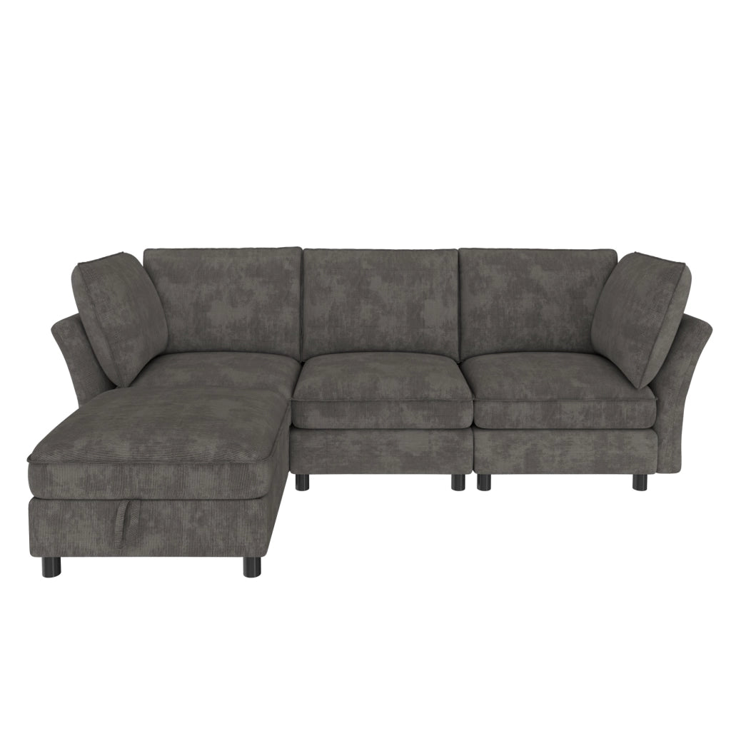 Sofa modulare a L con pouf contenitore, 4-5 posti, tessuto Chenille grigio