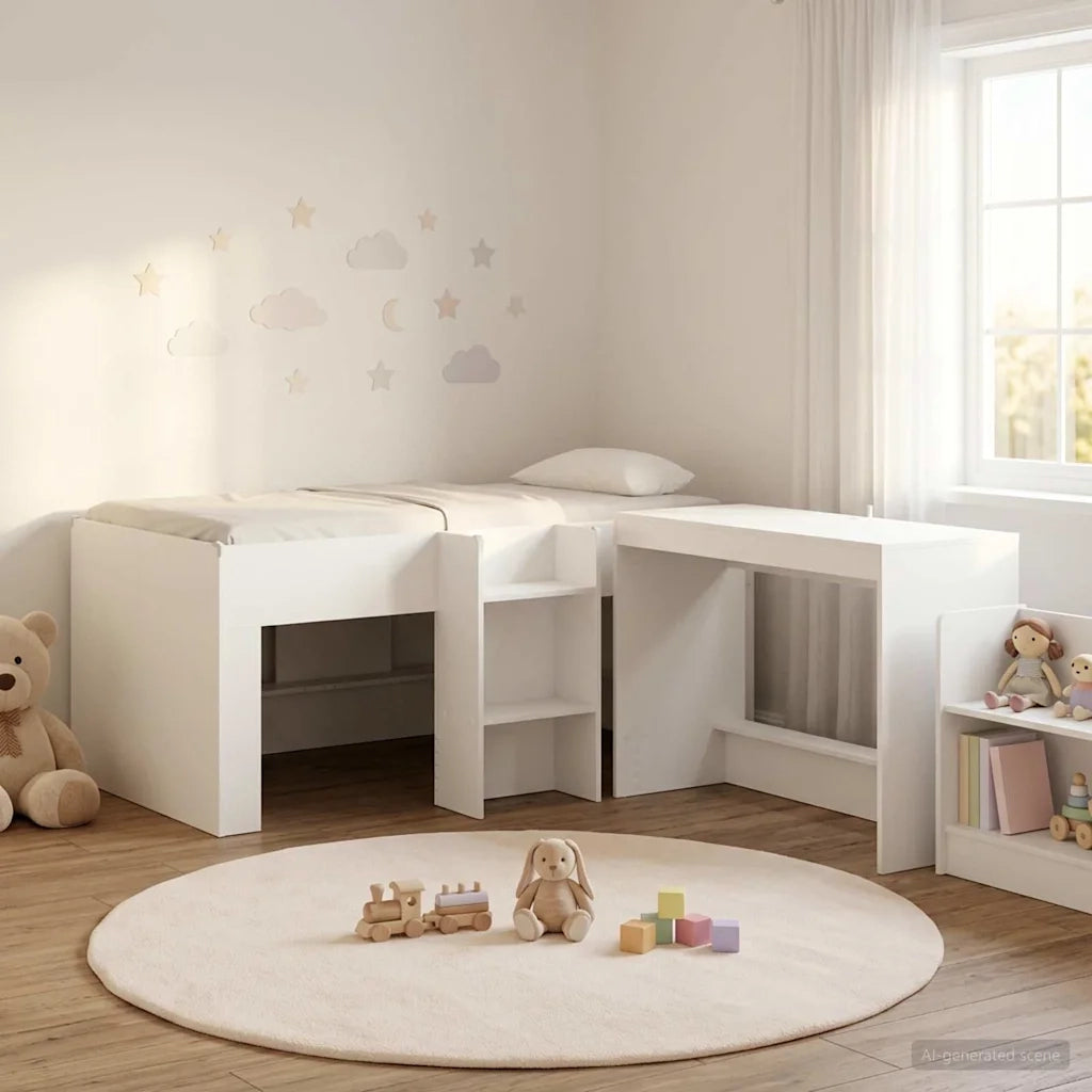 Letto alto per Bambini | Letto Infantile | Lettino con scrivania Bianco 80 x 160 cm
