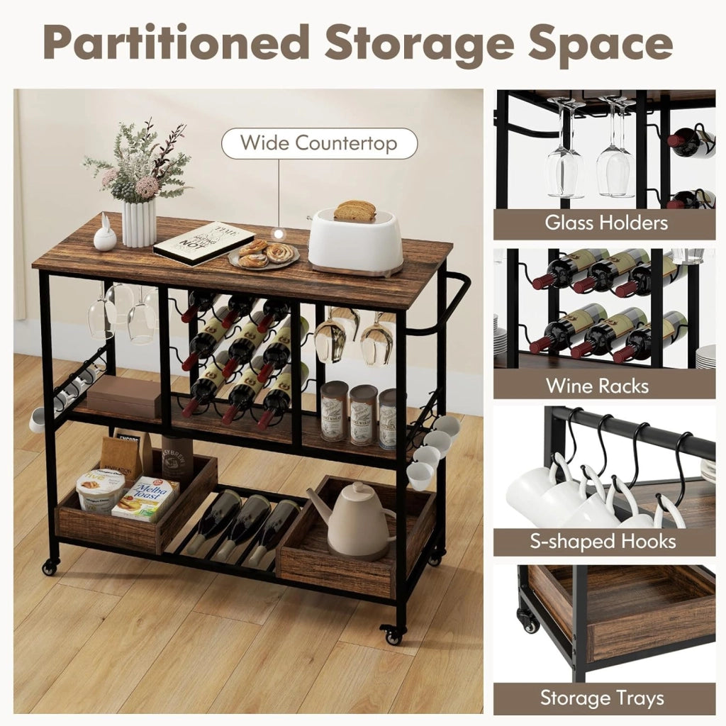 Carrello di Servizio Industriale a 3 Livelli, Carrello da Cucina con Portabicchieri, Porta Bottiglie, 107,5x40x91,5 cm