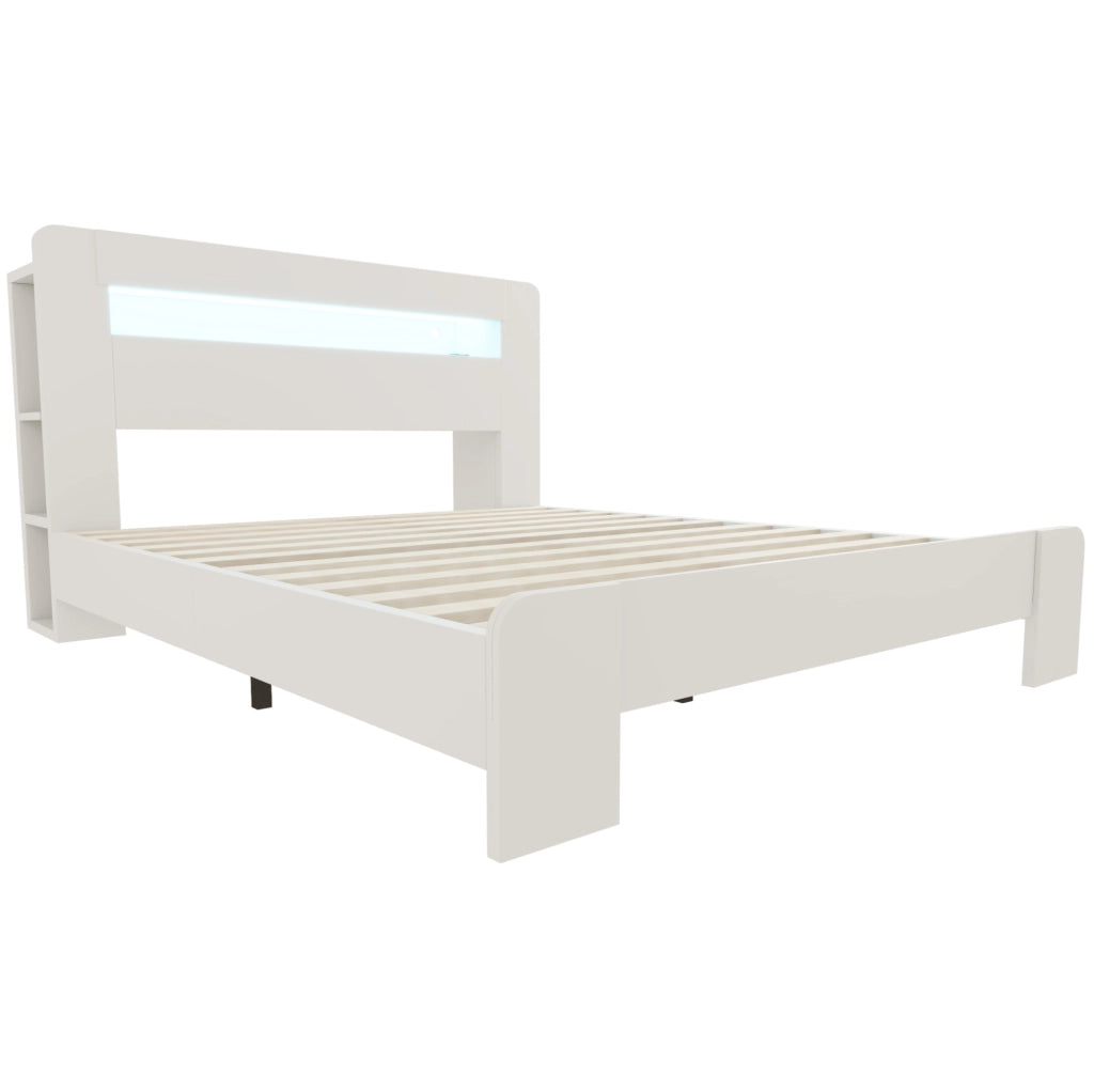 Letto multifunzione in legno 140x200 cm con testiera contenitiva, LED e prese
