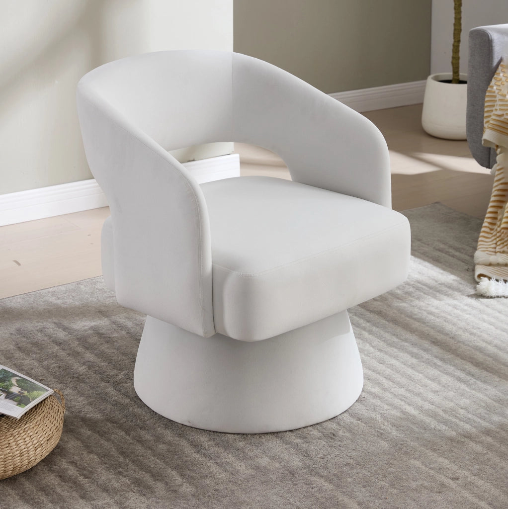 Poltrona girevole moderna in ciniglia beige con base compatta