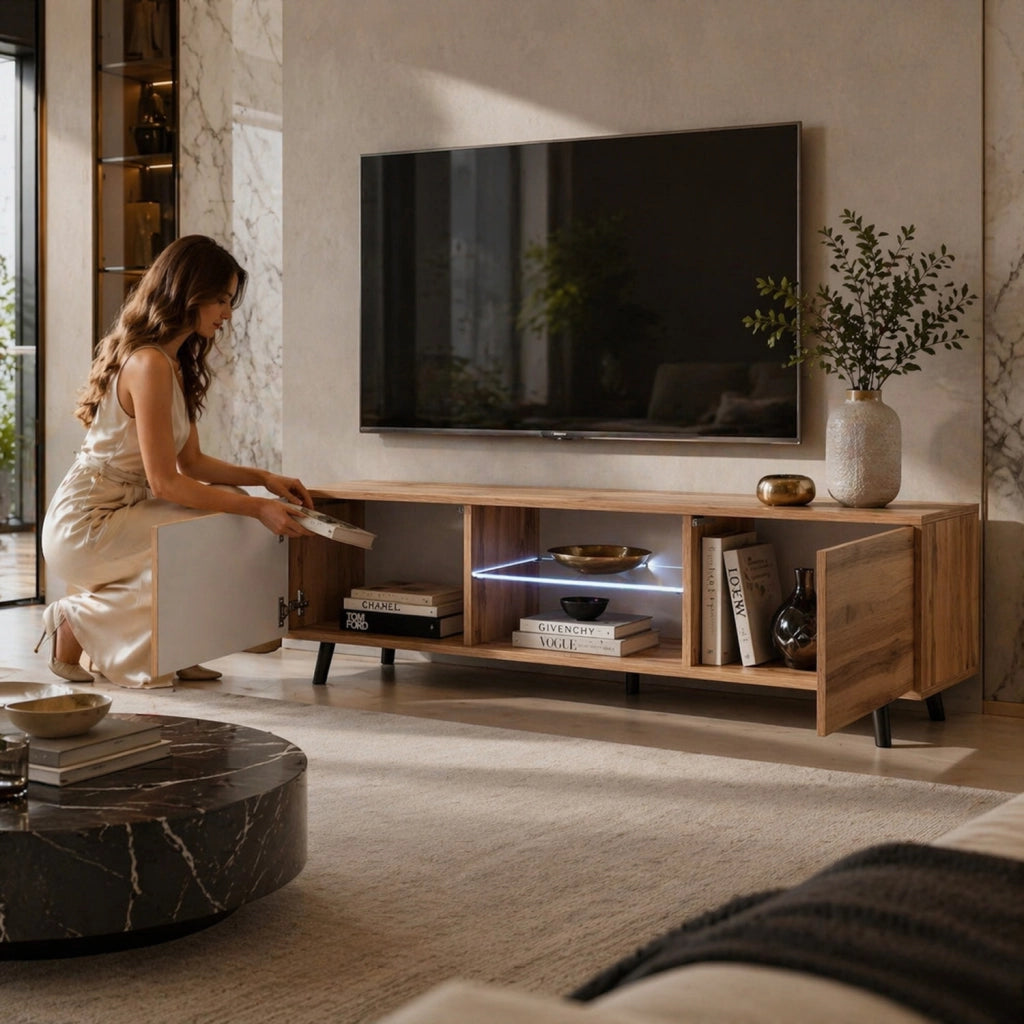 Mobile TV Con 2 Ante Battenti Vano Centrale Con Ripiano In Vetro E LED Porta Televisore In Melaminico Piedini In Metallo Per Soggiorno Salotto Zona Living 140 X 31.5 X 40 Cm Rovere