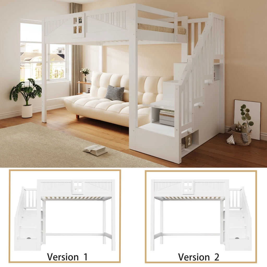 Letto a soppalco 140x200 cm con parapetto a finestra e scala contenitore reversibile; struttura in legno massello; bianco