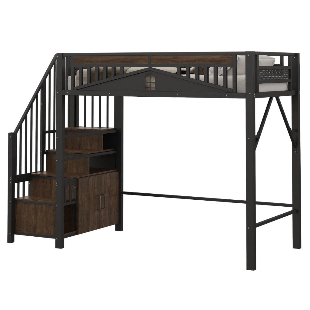 Letto a soppalco 90x200 cm in metallo nero con scale contenitore