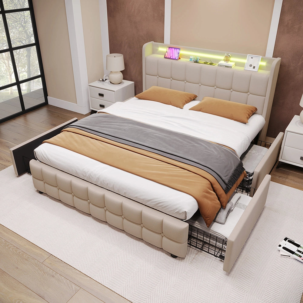 Letto imbottito 140x200 cm - Xylo - USB, LED, 4 cassetti