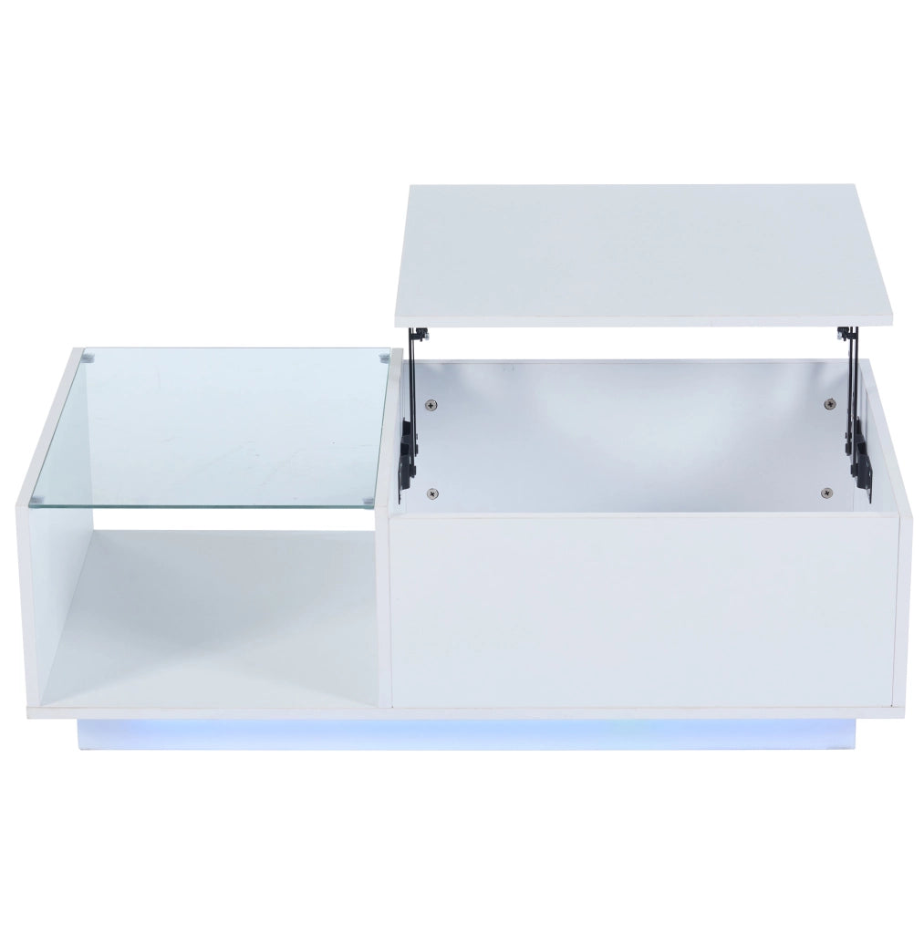 Tavolino da salotto sollevabile con LED smart; 100x50x33 cm; bianco lucido in truciolare